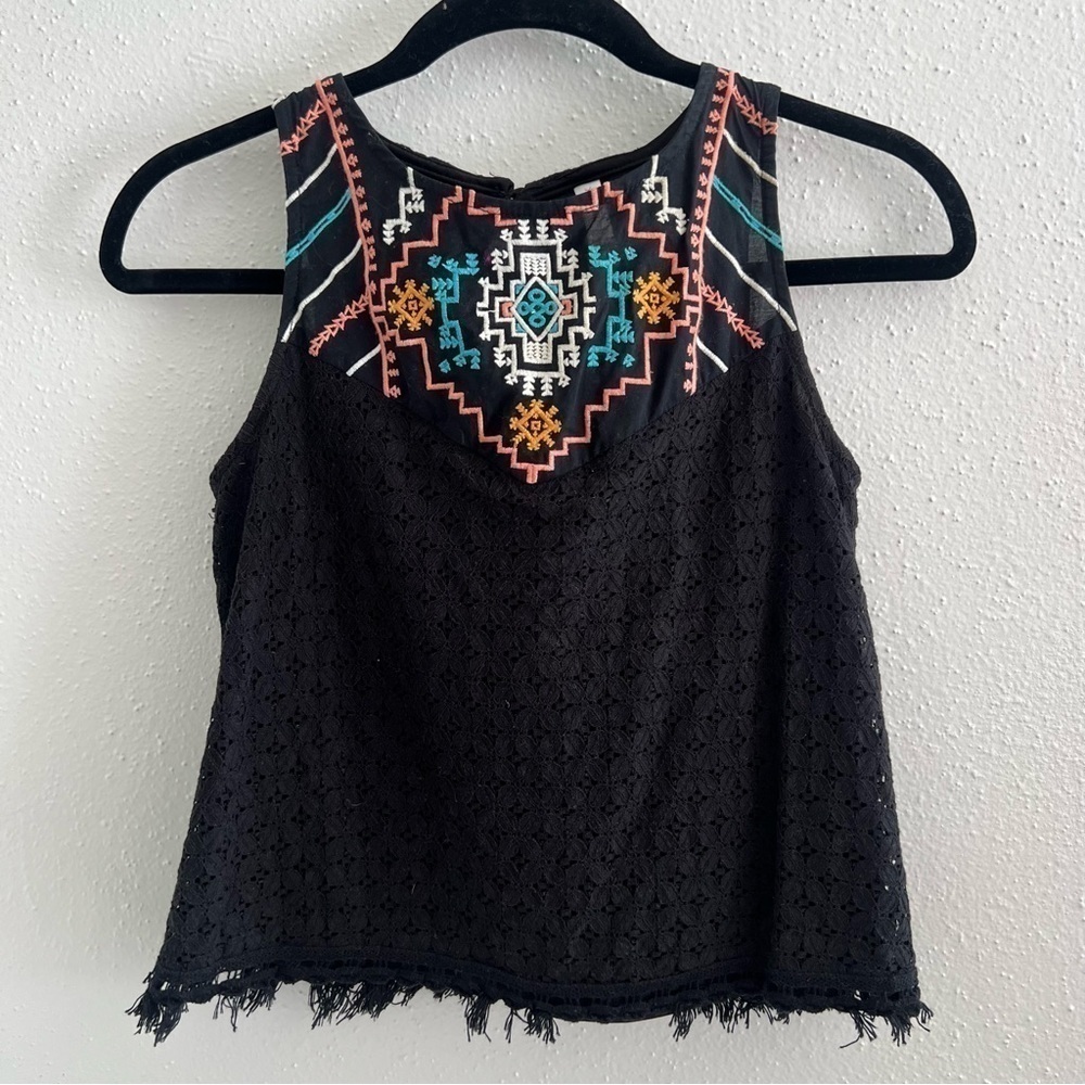 Xhilaration Black Aztec Fringe Tank Top
